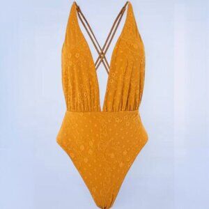 Maaji Reversible Safari Caramel‎ Brown V-Plunge One Piece Swimsuit - Size Large